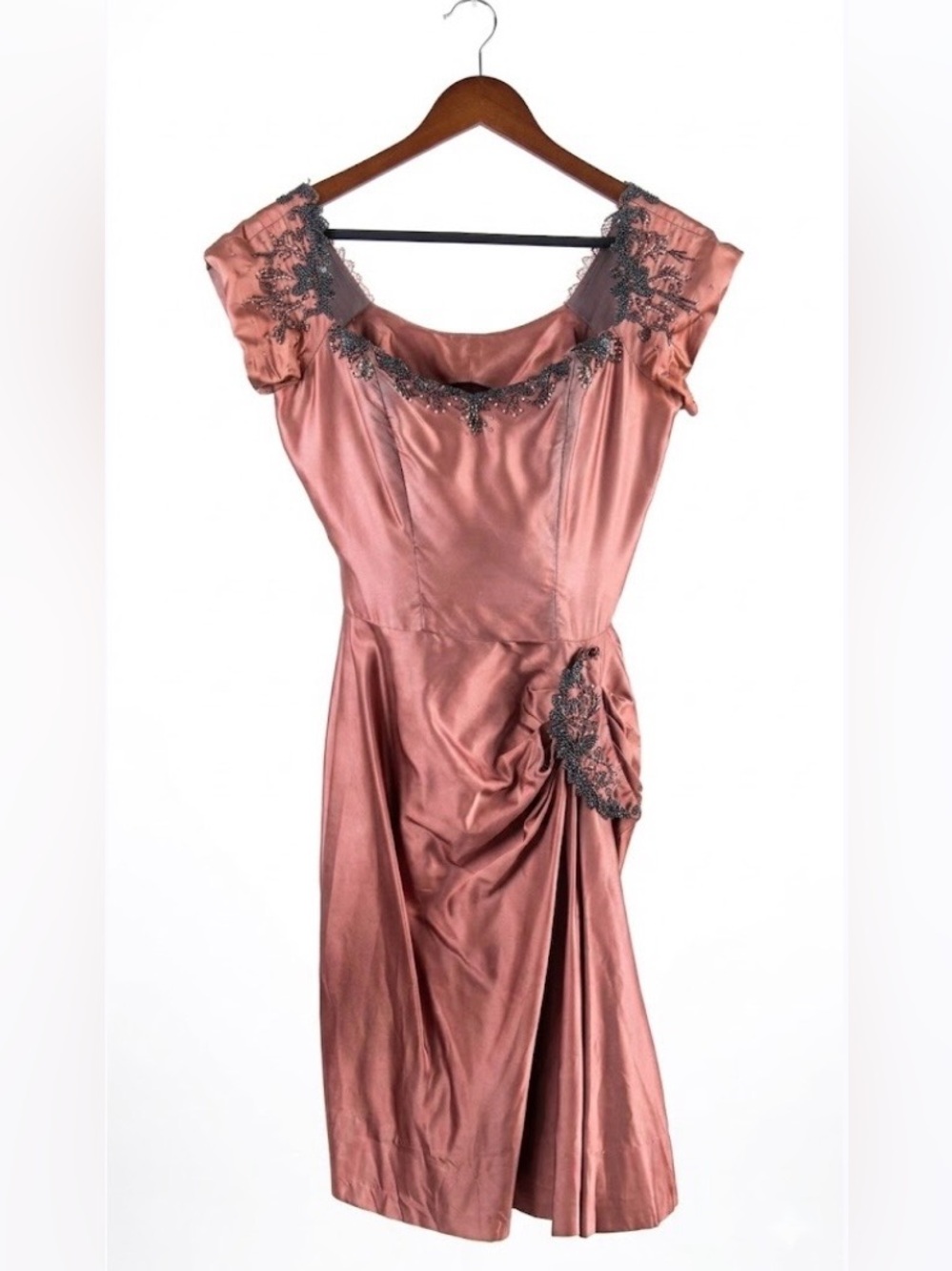 Antique 1940’s Copper Satin Evening Dress with Beaded Trim